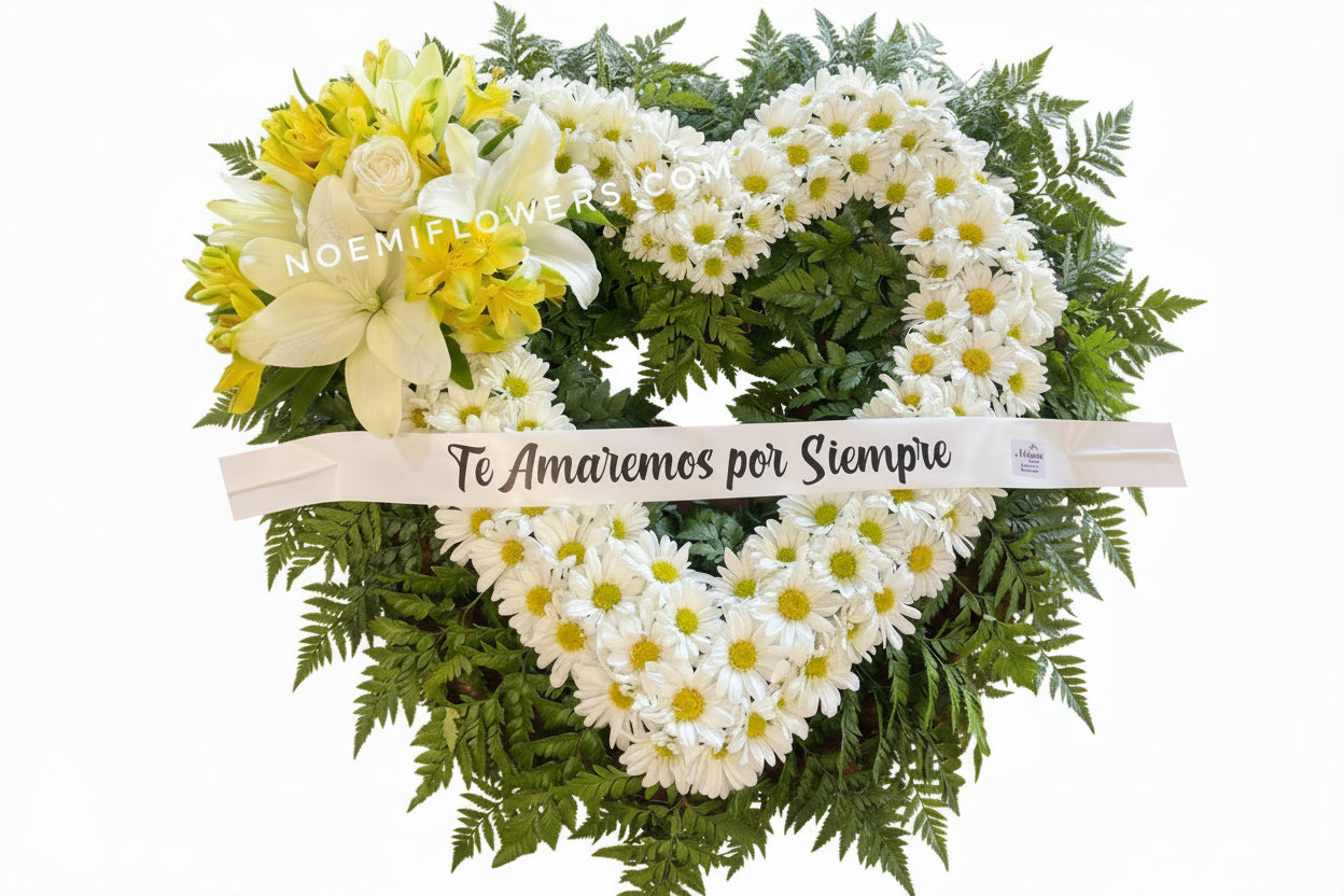 Corona Funebre con margaritas blancas y lirios - Floristería Noemi Flowers