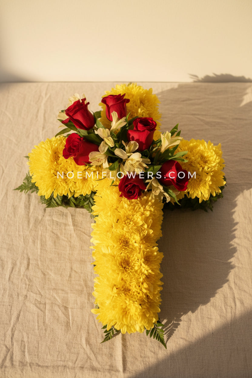 Cruz con crisantemos amarillos y rosas rojas - Floristería Noemi Flowers