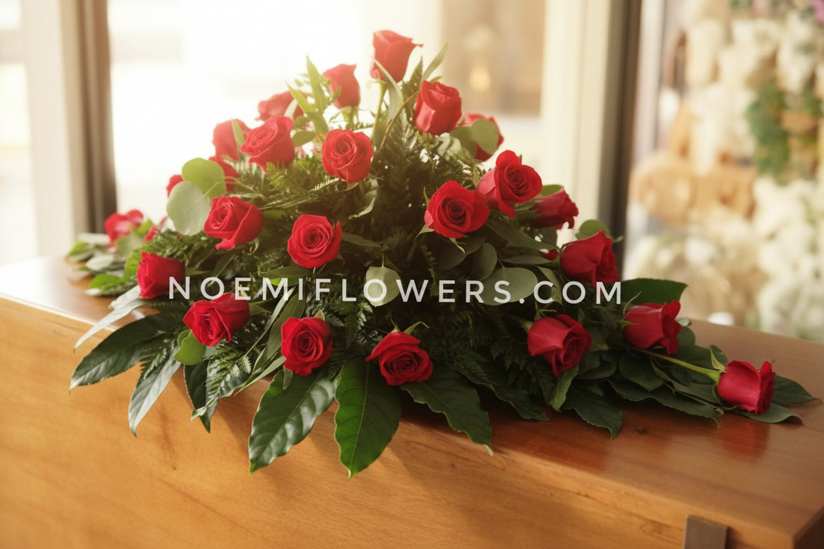 Cubre Caja con rosas rojas, eucalipto y helechos- Floristería Noemi Flowers