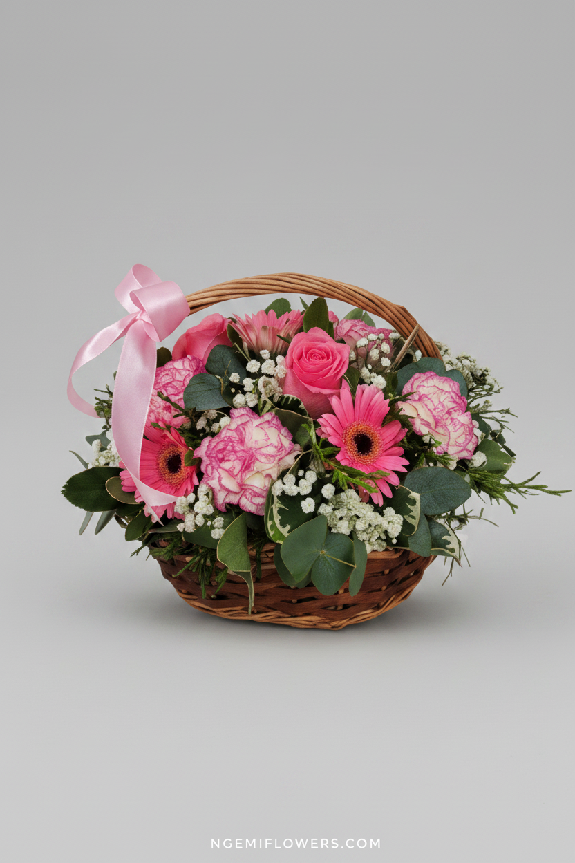 Canasta de rosas claveles y gerberas con gypsofila y eucalipto - Floristería Noemi Flowers