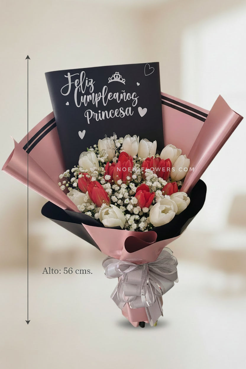 Especial bouquet elegante compuesto por 20 tulipanes y gipsofilia con personalizado corto-Floristería Noemi Flowers.
