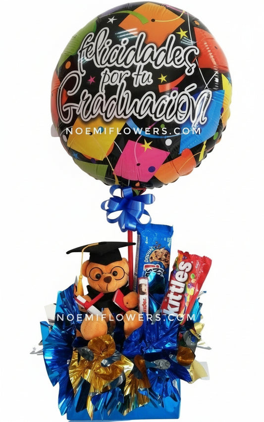 Regalo para graduación con golosinas peluche y globo - Noemi Flowers