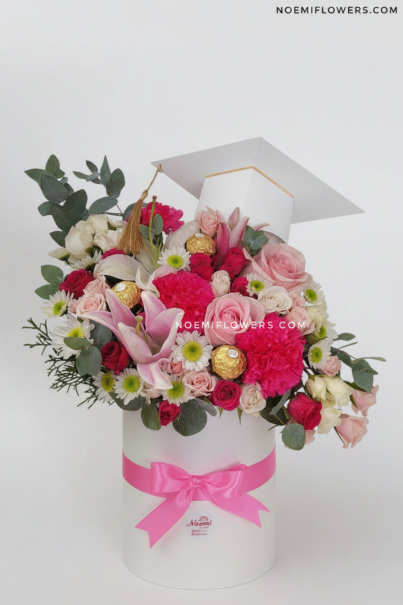 Caja de rosas claveles minirosas lirios y bombones de chocolate para graduación - Floristería Noemi Flowers