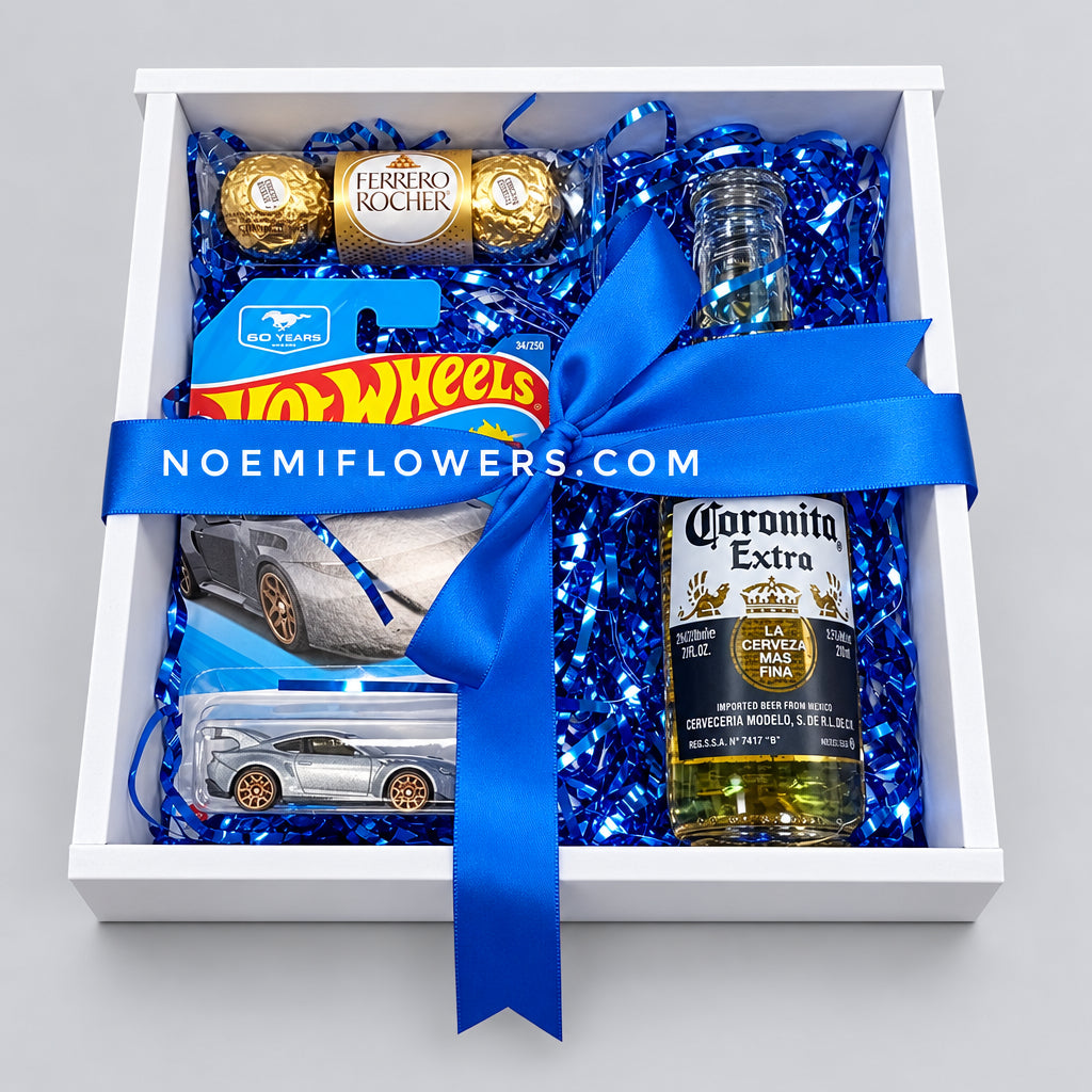 Regalo con cerveza, carrito Hot Wheels y Ferrero Rocher de 3 bombones - Floristería Noemi Flowers