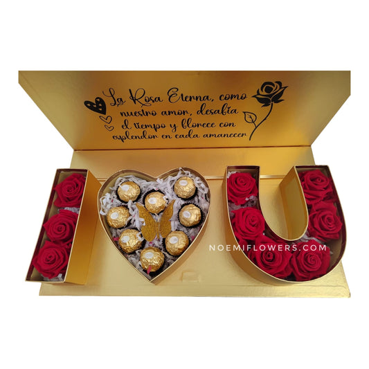Caja dorada personalizada con Letras I Love You con rosas preservadas y bombones de chocolates ferrero rocher