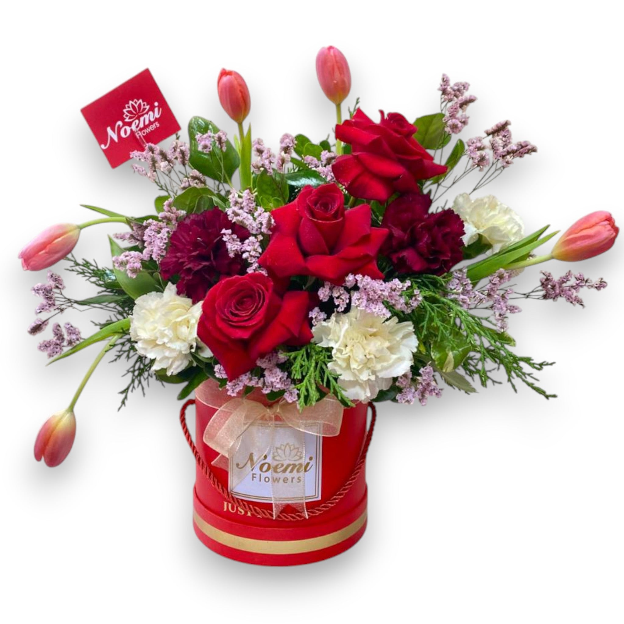 Arreglo de rosas, tulipanes, claveles pino y limonio - Floristería Noemi Flowers