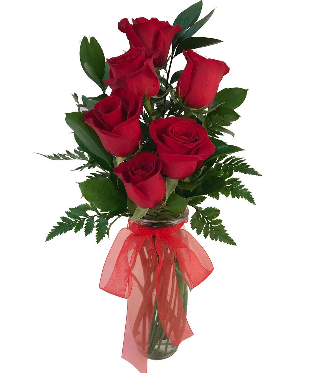 Jarrón chico con 6 rosas y follaje