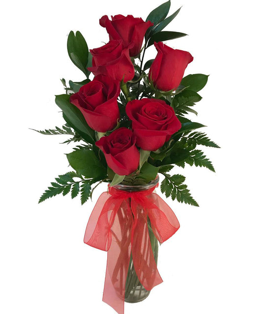 Jarrón chico con 6 rosas y follaje