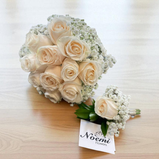 juego confeccionado con rosas y gipsofilia - Floristería Noemi Flowers. 