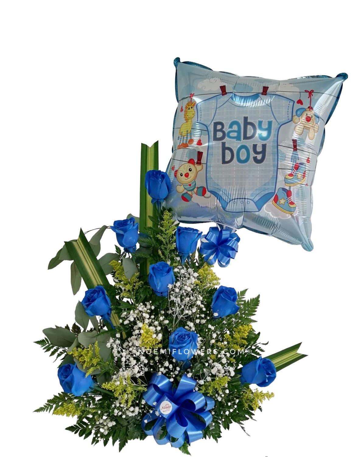 Arreglo de rosas azules con Globo de Nacimiento de Bebé - Floristería Noemi Flowers