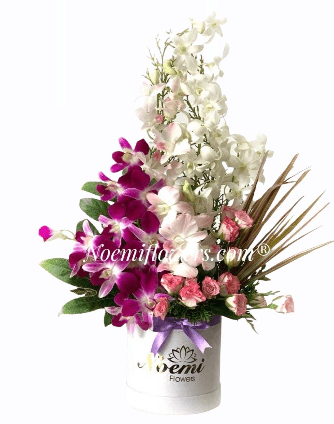Arreglo floral confeccionado entre mini osas y elegantes orquídeas acompañada con follaje variado - Floristería Noemi Flowers