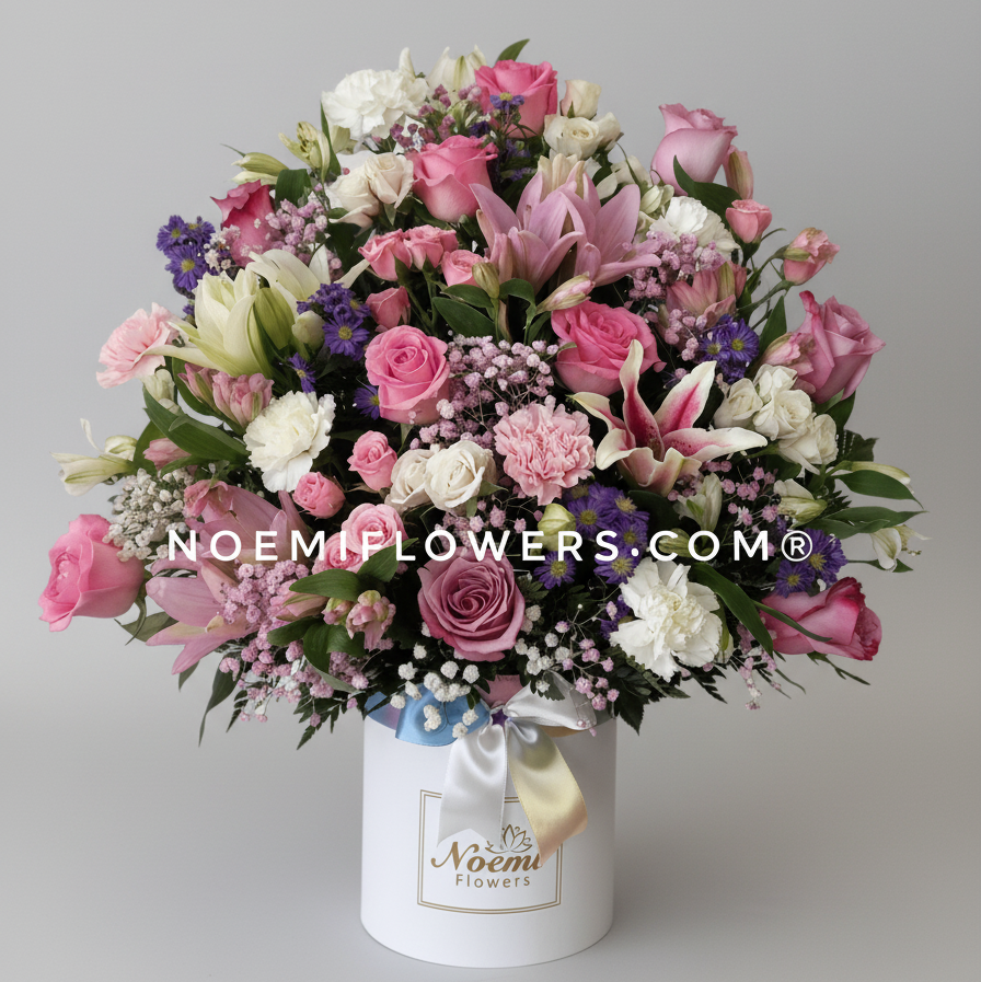 Caja de Flores hermosas con rosas lirios claveles mini rosas -  Floristería Noemi Flowers