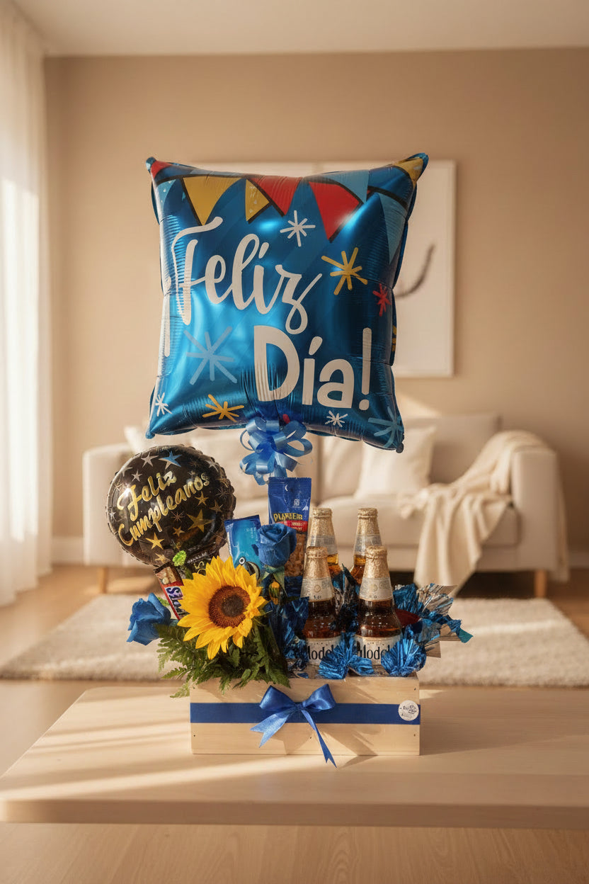Regalo con cervezas snacks rosas azules y girasol con un globo 18 y otro de 9 pulgadas - Floristería Noemi Flowers
