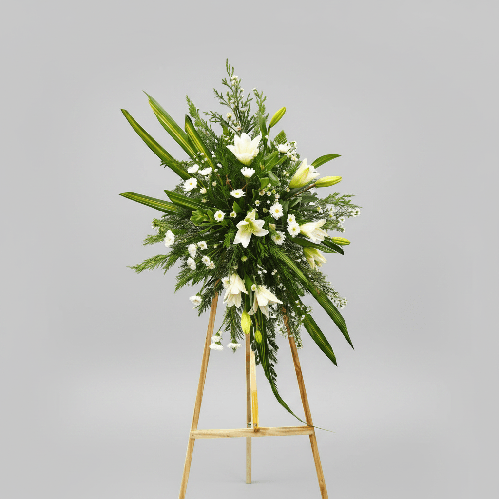 Pedestal Funebre Premium con lirios blancos, crisantemos y follaje variado - Floristería Noemi Flowers