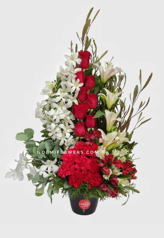 Arreglo floral con rosas rojas, lirios, claveles y hermosas orquídeas blancas acompañadas de eucaliptos 