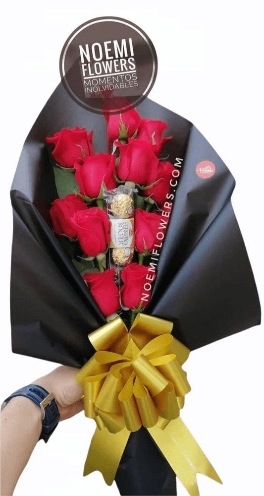 Promo 12 Rosas con Ferrero confeccionado de 12 rosas y 1 Ferrero Rocher x3 - Floristería Noemi Flowers