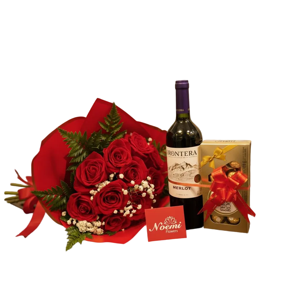 12 Rosas, Vino tinto y Chocolate - Floristería Noemi Flowers.