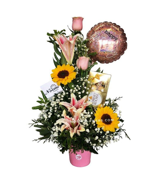 Arreglo Floral con Lirios Girasoles y Rosas con globo y Ferrero Rocher - Floristería Noemi Flowers
