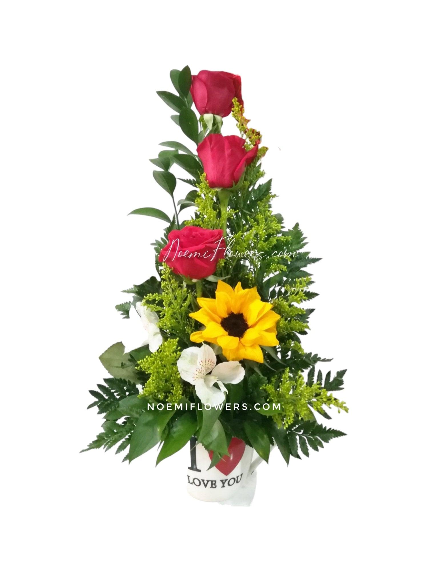 Confeccionado con rosas, girasol astromelia y follaje variado - Floristería Noemi Flowers