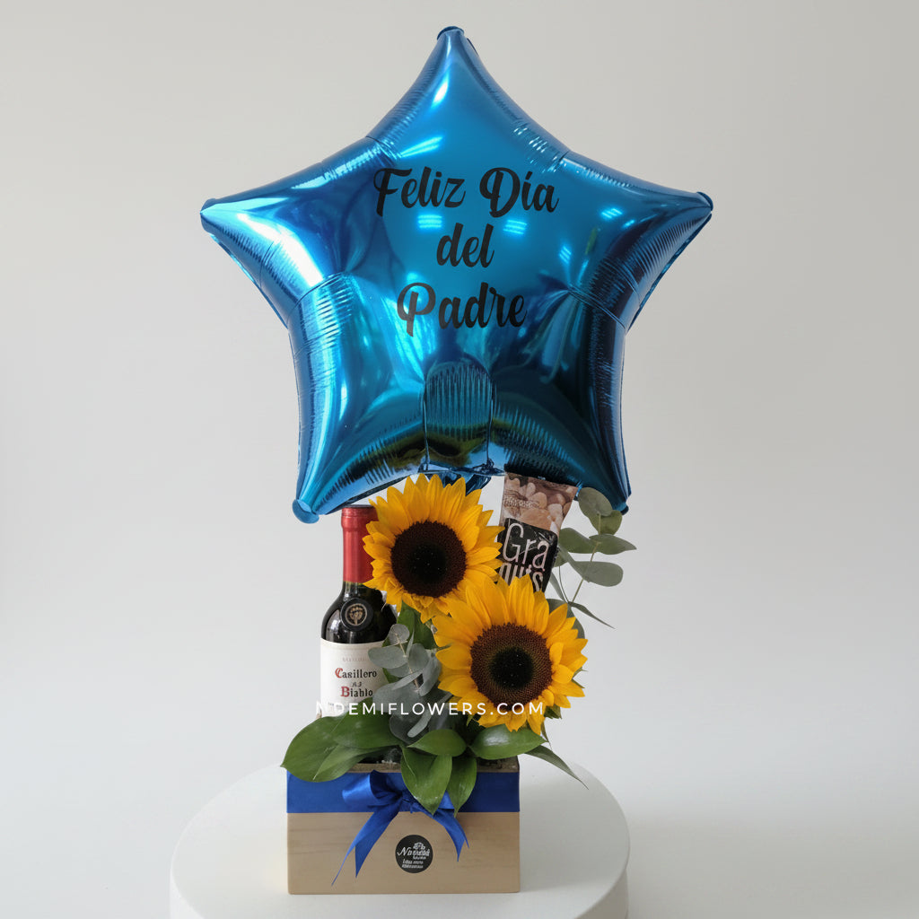 Regalo para papá Globo girasoles y botella de vino tinto - Floristería Noemi Flowers