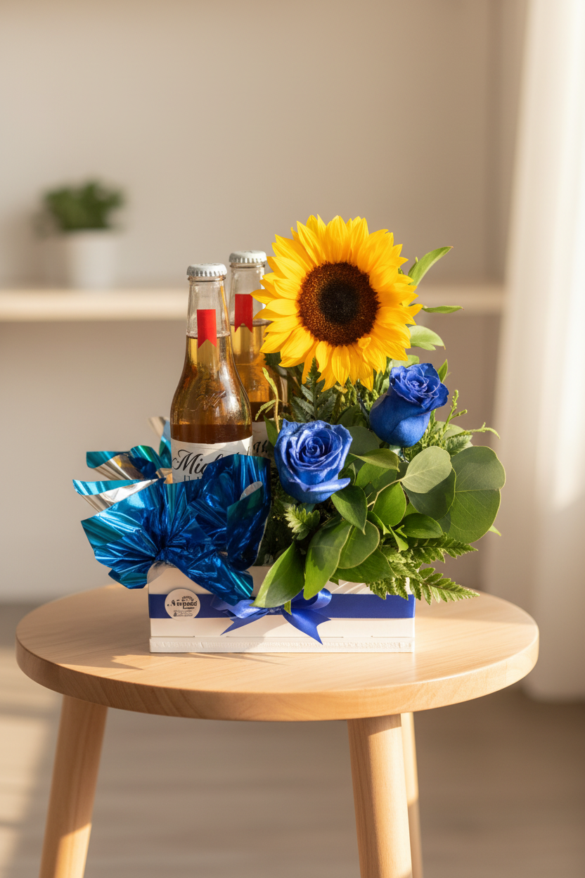Arreglo Regalo con 2 cervezas Girasol y 2 rosas azules - Floristería Noemi Flowers