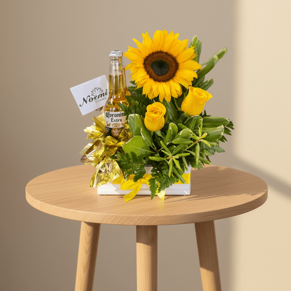 Arreglo Regalo con 2 cervezas Girasol y 2 rosas azules - Floristería Noemi Flowers.