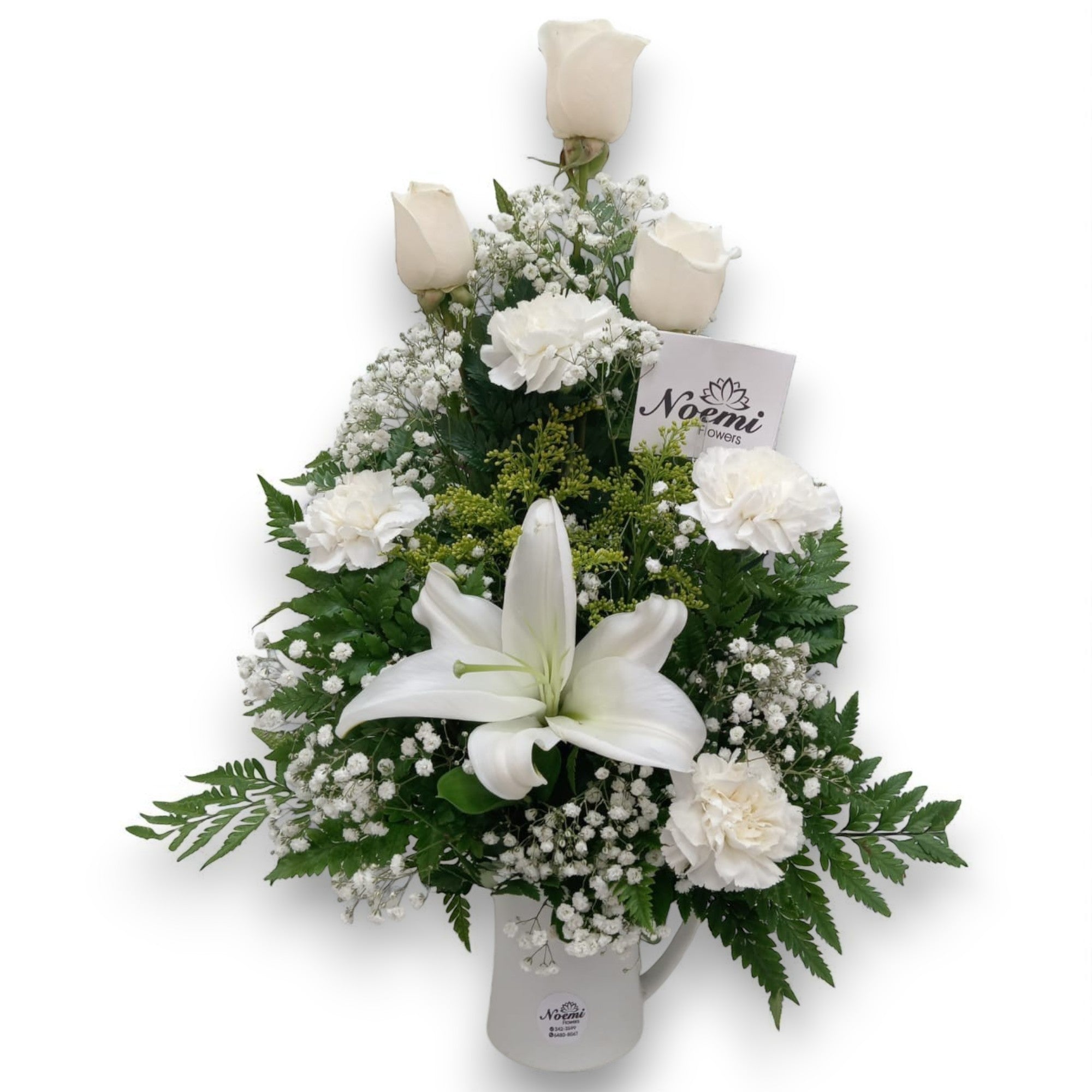 Arreglo Floral con rosas y claveles blancos - Floristería Noemi Flowers