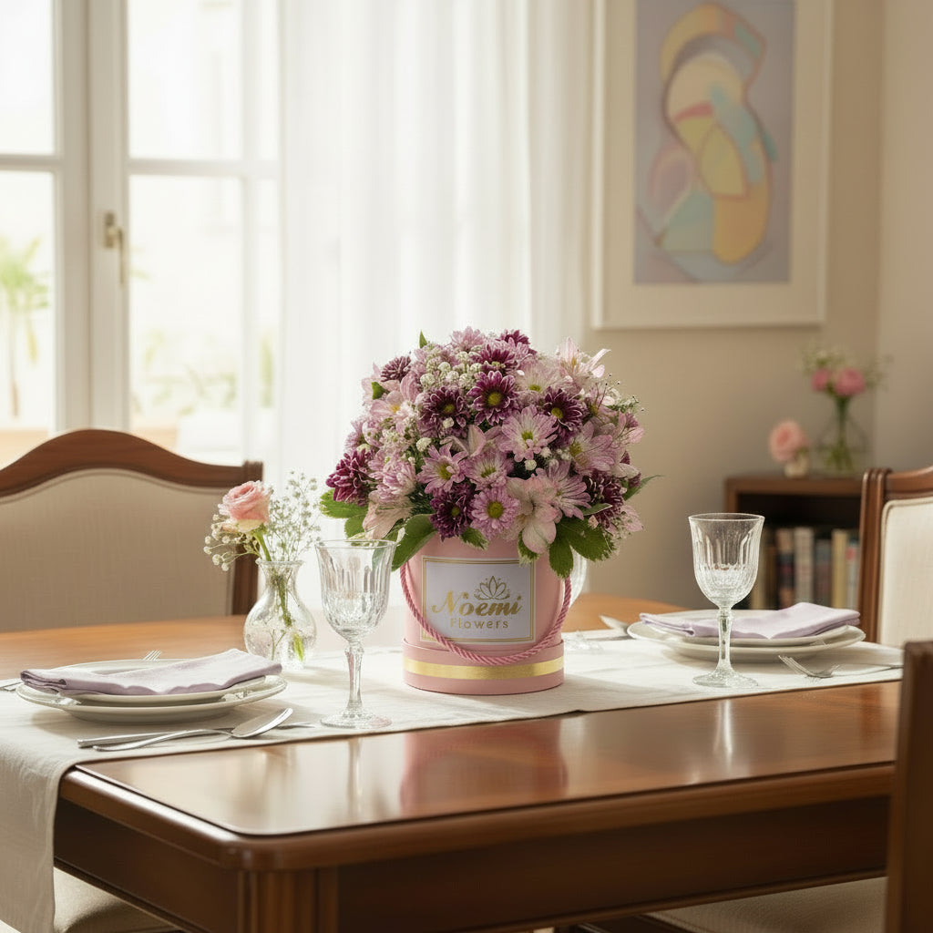 Caja de flores margaritas astromelias y gypsofilia con toque de follaje  - Floristería Noemi Flowers