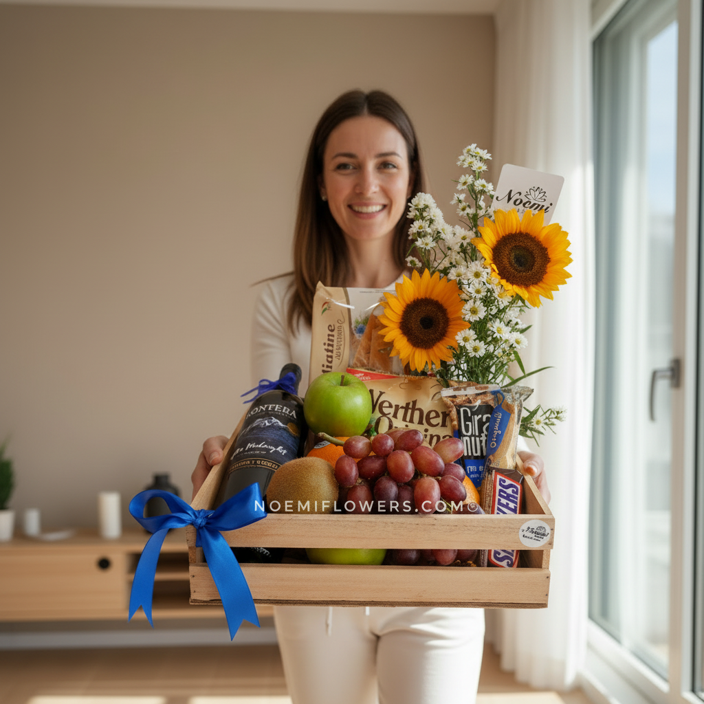 Confeccionado con girasoles, frutas, botella de vino - Floristería Noemi Flowers.