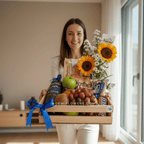 Confeccionado con girasoles, frutas, botella de vino - Floristería Noemi Flowers.