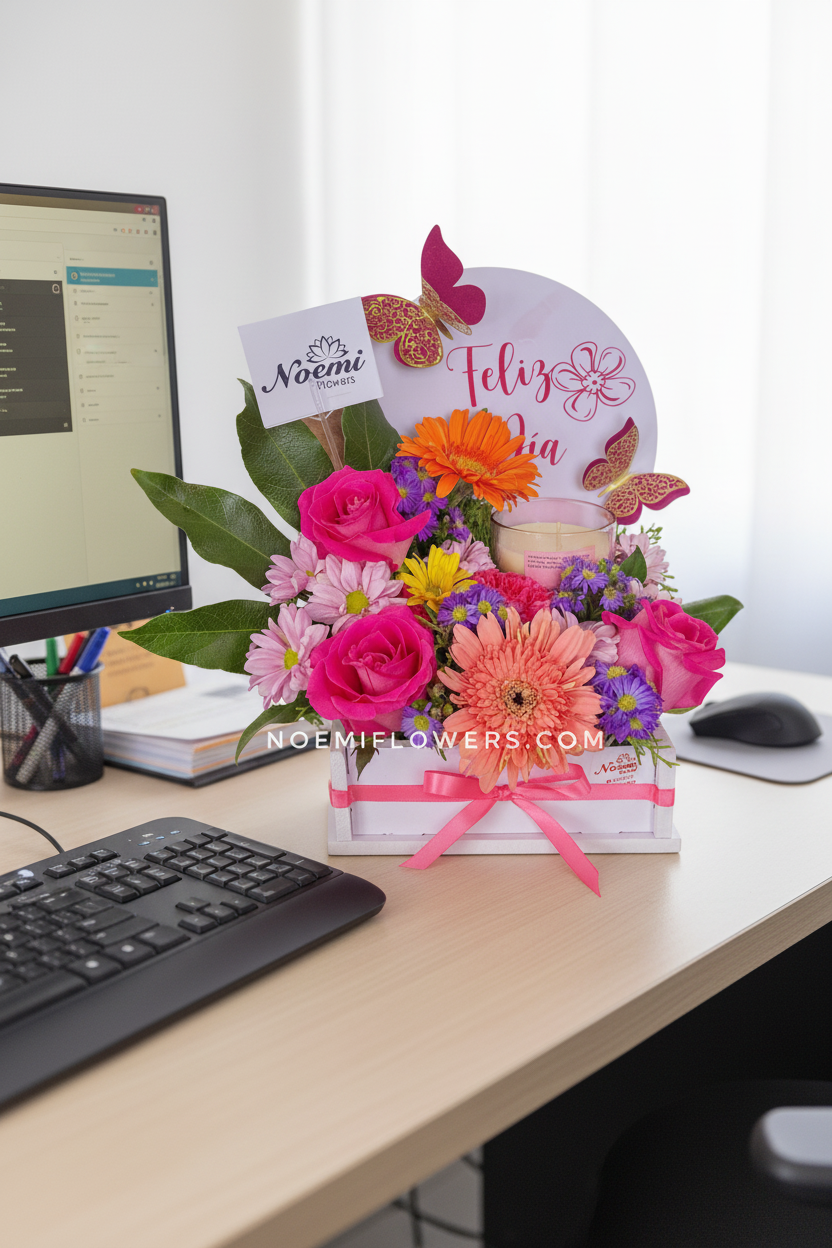 Arreglo con rosas, gerberas  y vela - Floristería Noemi Flowers