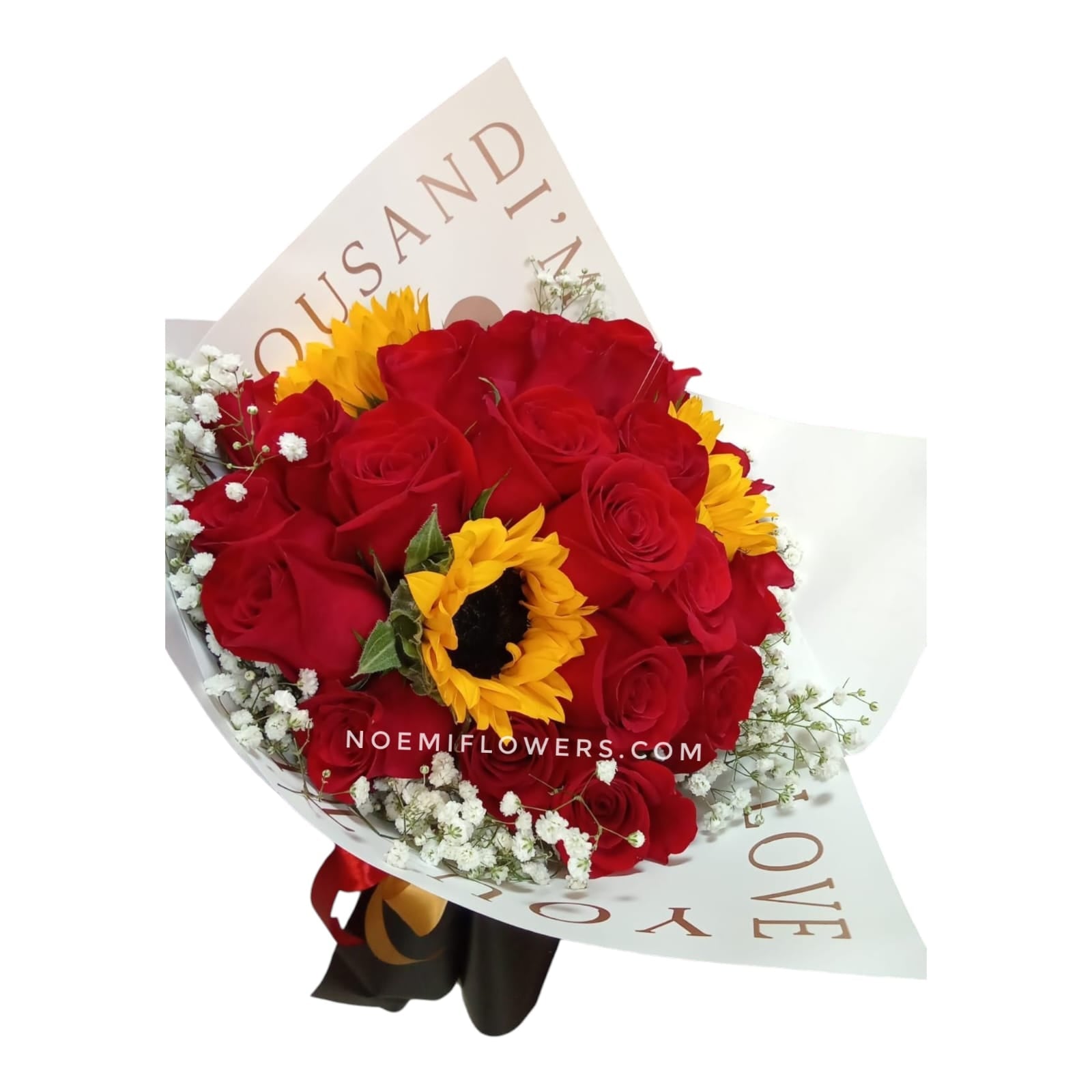 Elegante bouquet compuesto por rosas, girasoles y gipsofilia.-Floristería Noemi Flowers. 
