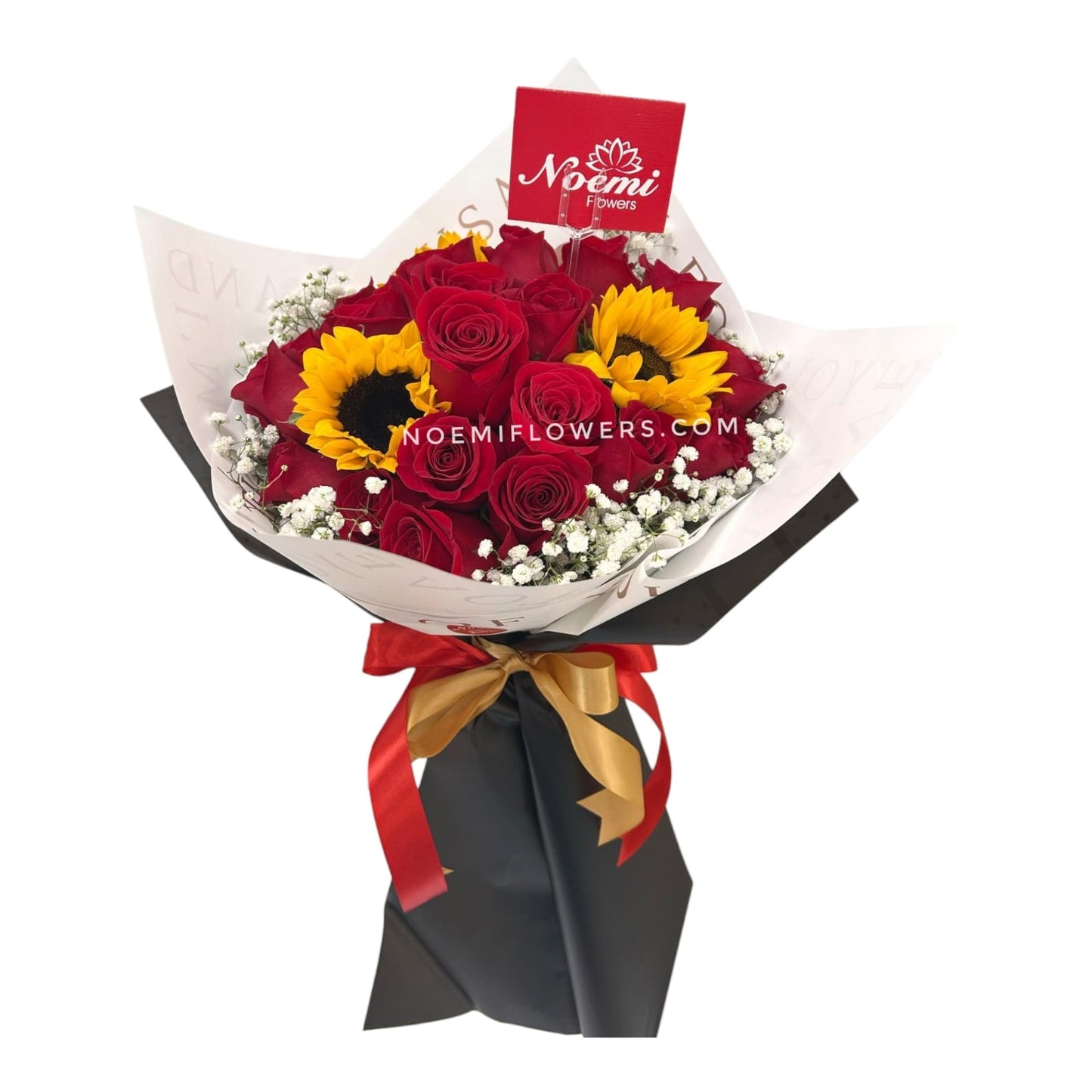 Elegante bouquet compuesto por rosas, girasoles y gipsofilia-Floristería Noemi Flowers.
