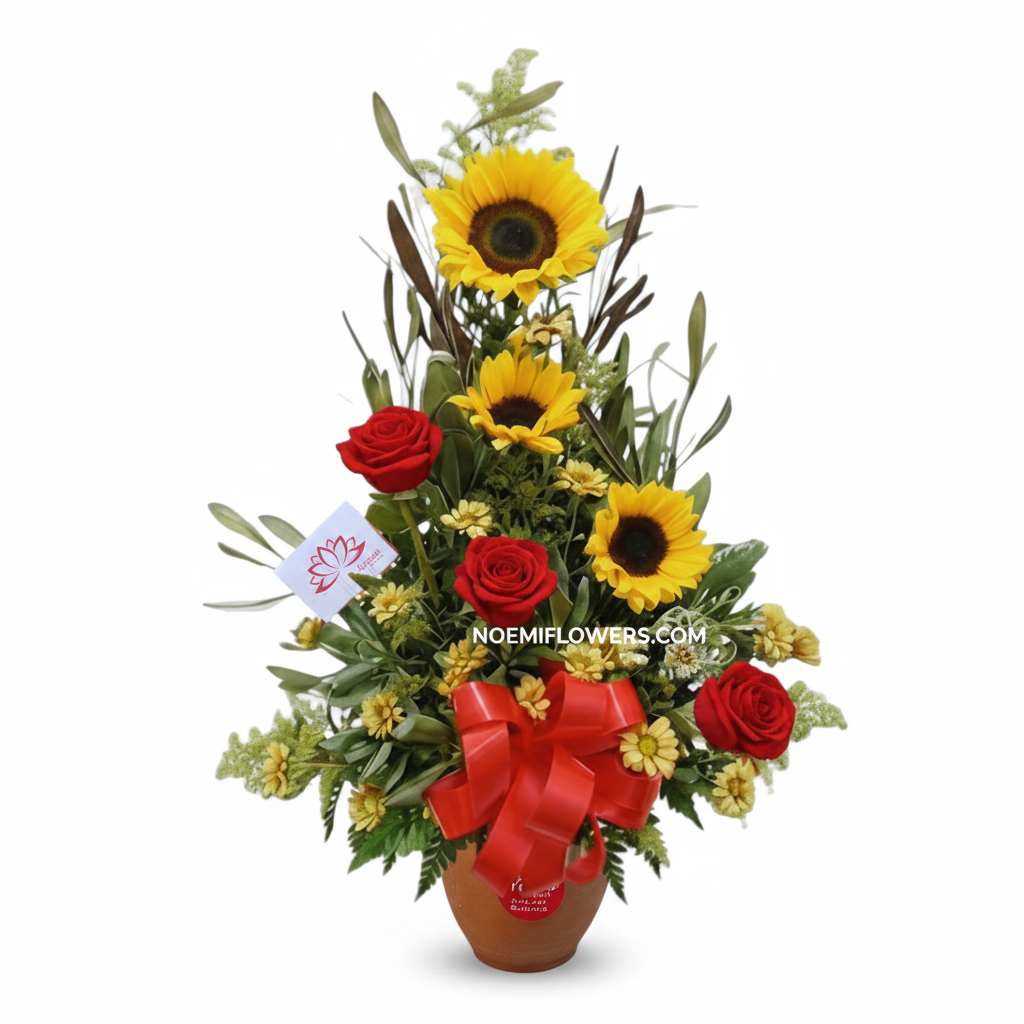Arreglo Floral con 3 girasoles y 3 rosas rojas y base de barro