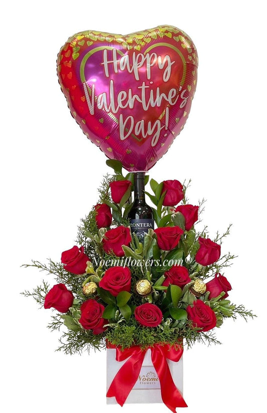 Caja de Rosas Rojas con Vino Chocolates y Globo San Valentin - Floristería Noemi Flowers