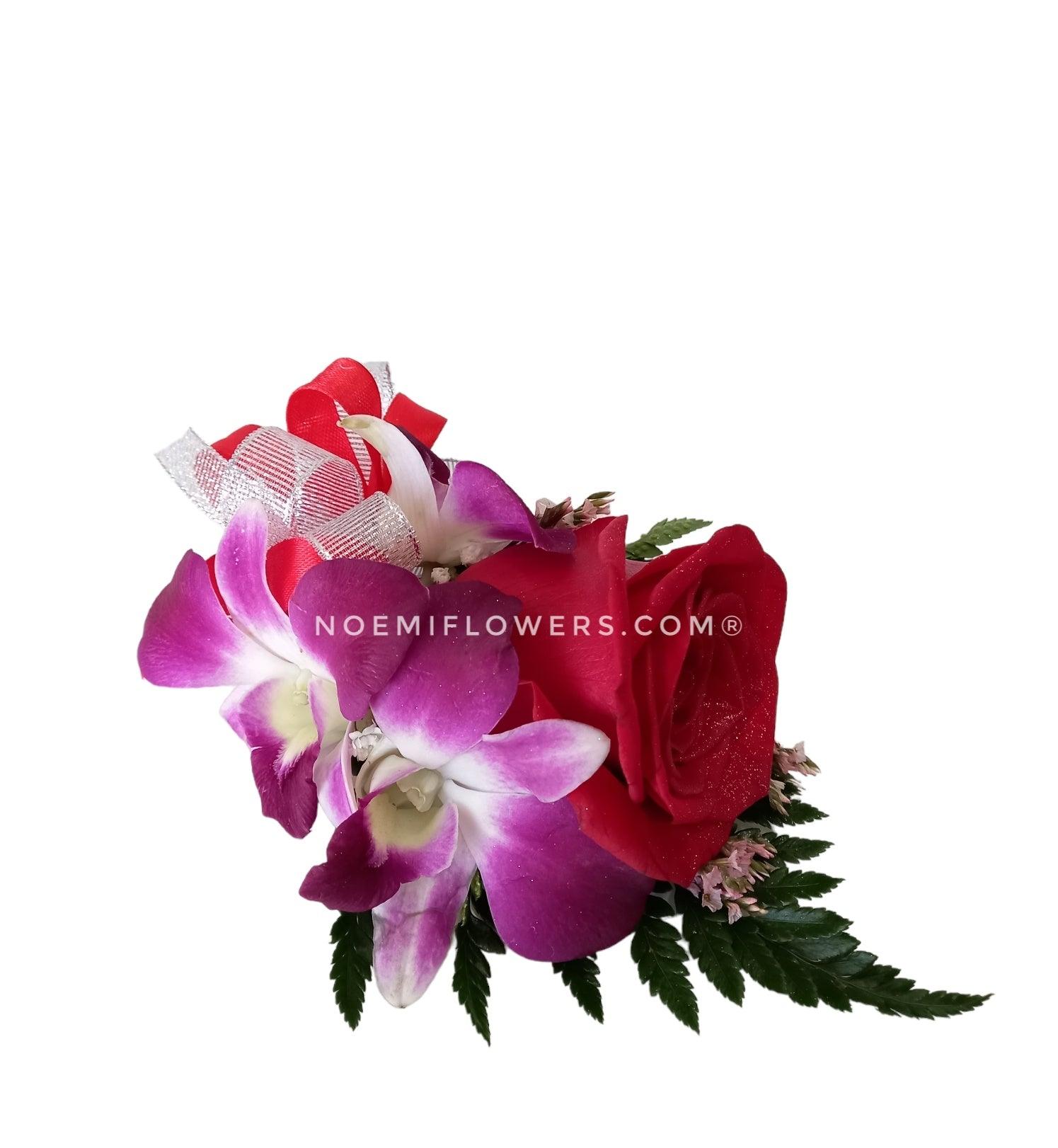 Corsage de rosa orquidea y lazo NF-07 - Floristería Noemi Flowers