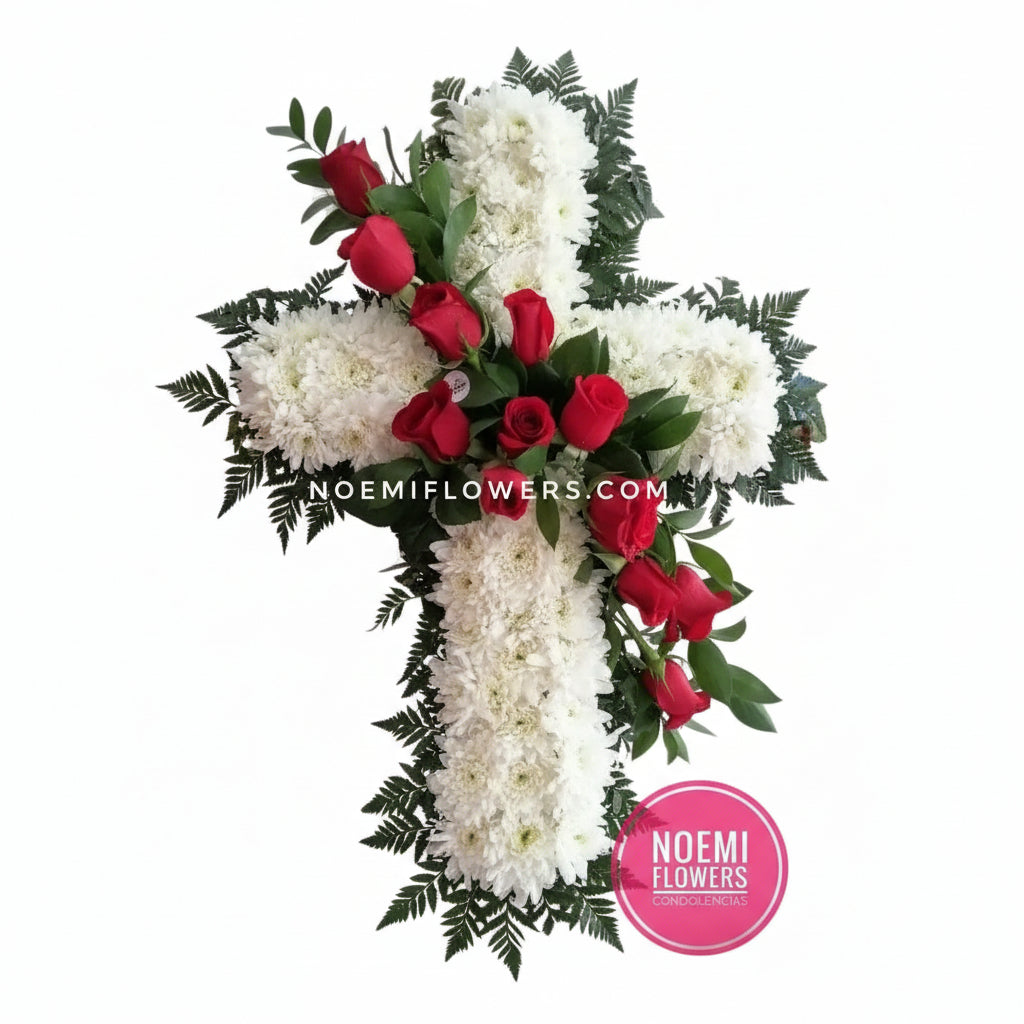 Cruz Funeral con crisantemos blancos y rosas rojas - Floristería Noemi Flowers