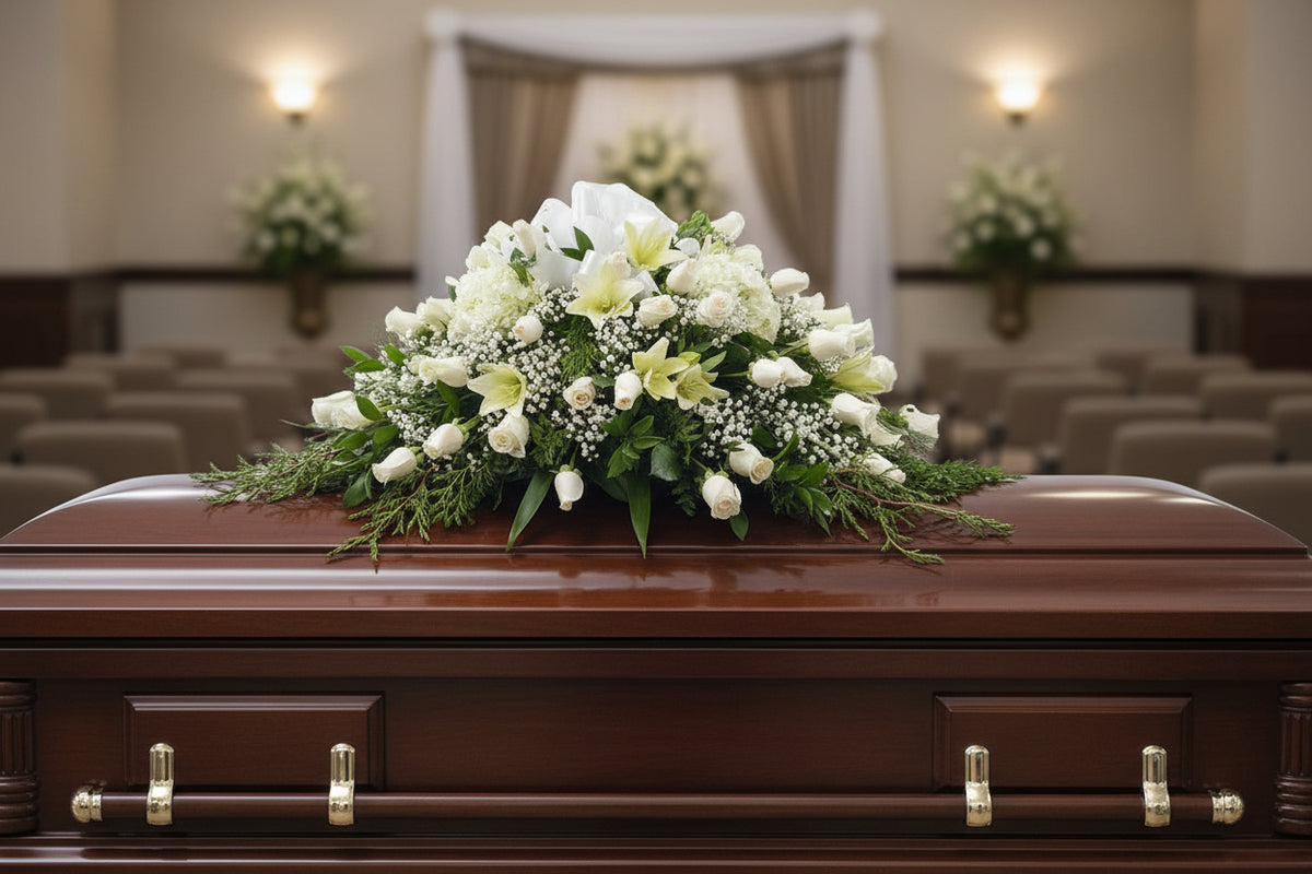 Cubre Caja con rosas blancas, hortensias y lirios  - Floristería Noemi Flowers