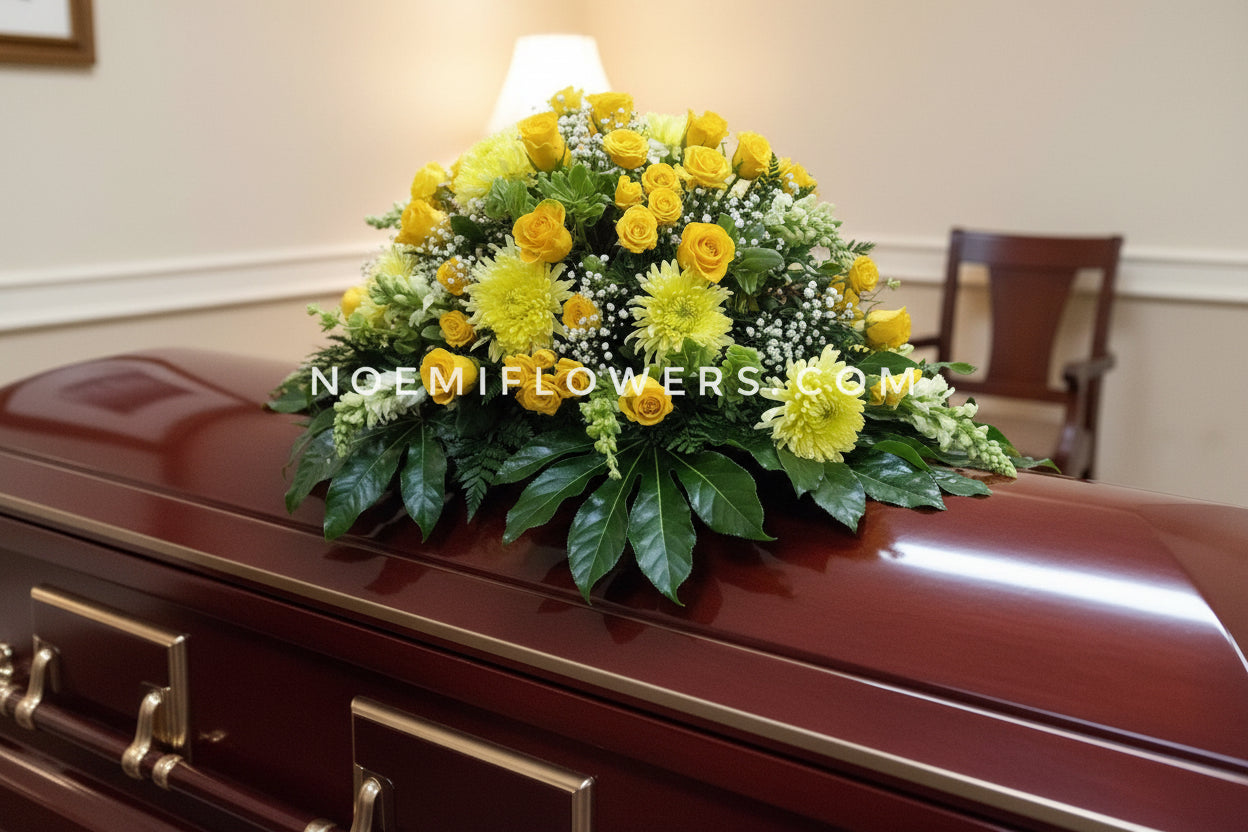 Cubre Caja rosas amarillas y crisantemos para cubrir féretro - Floristería Noemi Flowers