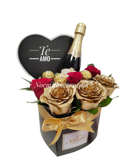 Caja con rosas doradas rosas rojas y botellita de Chandon y Bombones - Floristería Noemi Flowers