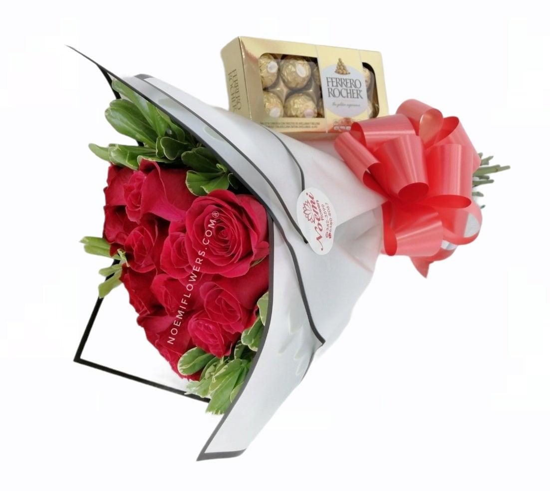 Bouquet de 12 Rosas con Ferrero - Floristería Noemi Flowers
