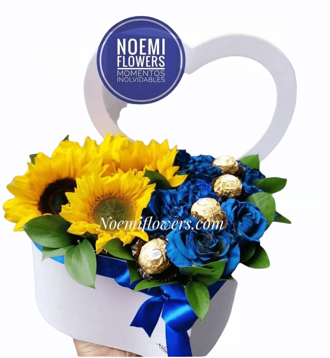 Corazón de Rosas Azules y Girasoles - Floristería Noemi Flowers