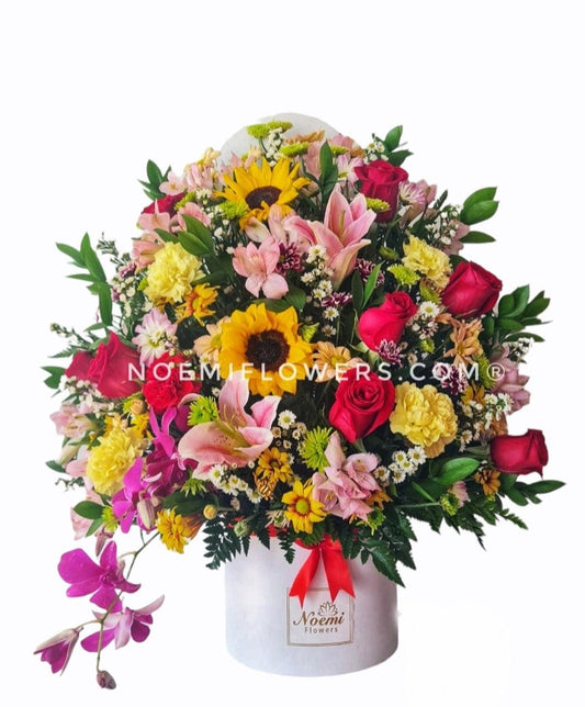 Caja de Flores variadas rosas girasoles lirios orquídeas - Floristería Noemi Flowers