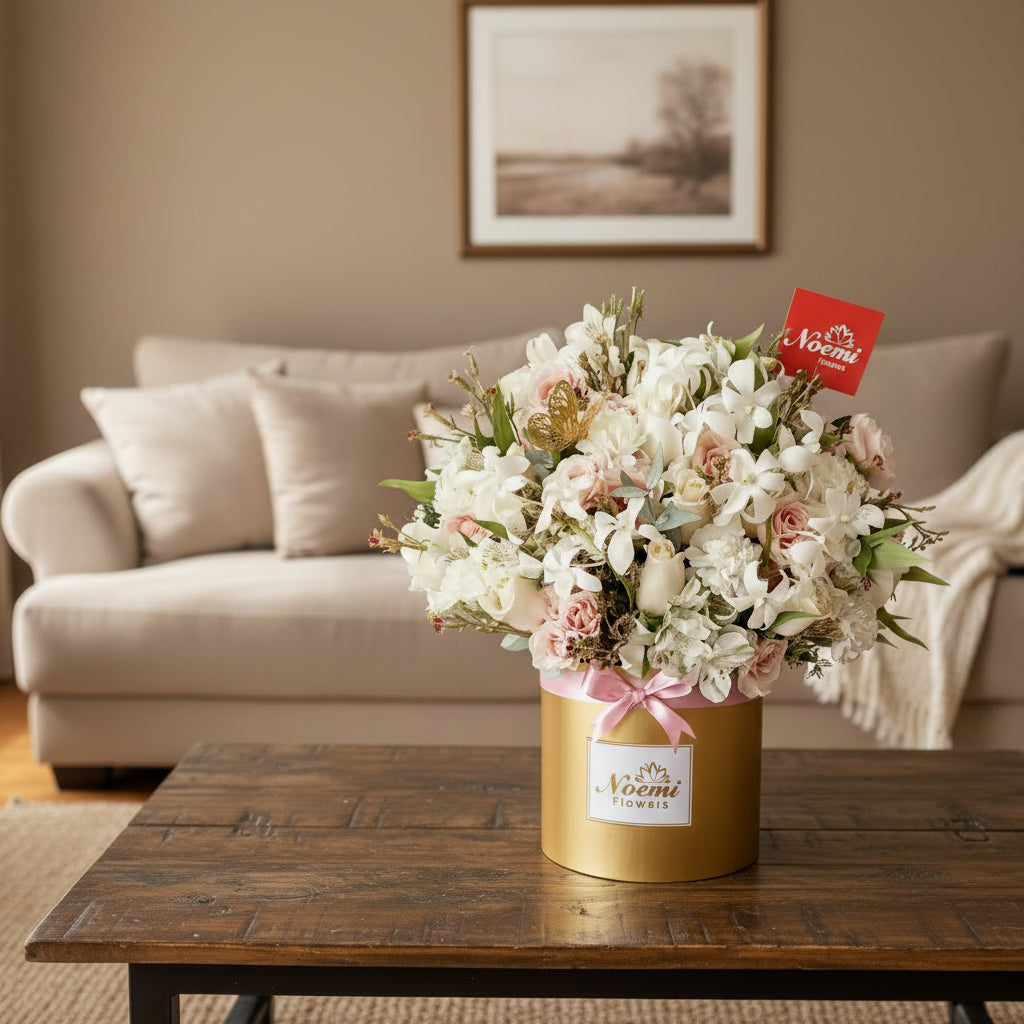 Elegante  caja grande compuesta de rosas, mini rosas, claveles, astromelias con un toque de orquídeas y follaje variado - Floristería Noemi Flowers