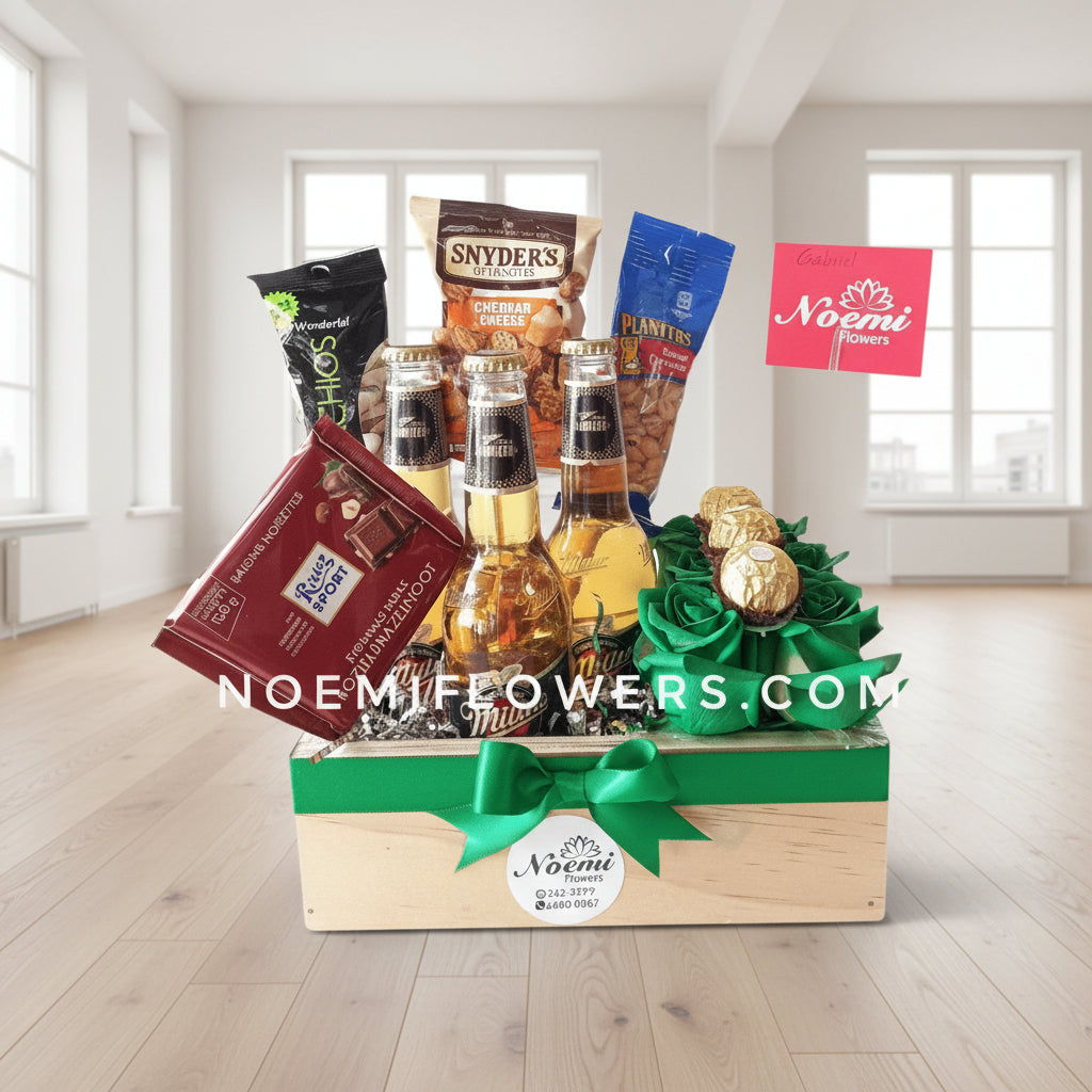 Regalo con cervezas snacks rosas y chocolate - Floristería Noemi Flowers