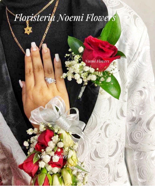 Juego de Corsage de mano y Botonier NF05 - Floristería Noemi Flowers