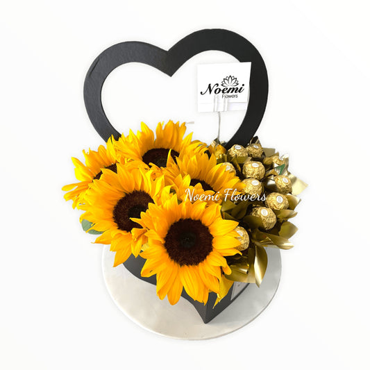 Caja Corazón de Girasoles y Ferrero - Floristería Noemi Flowers